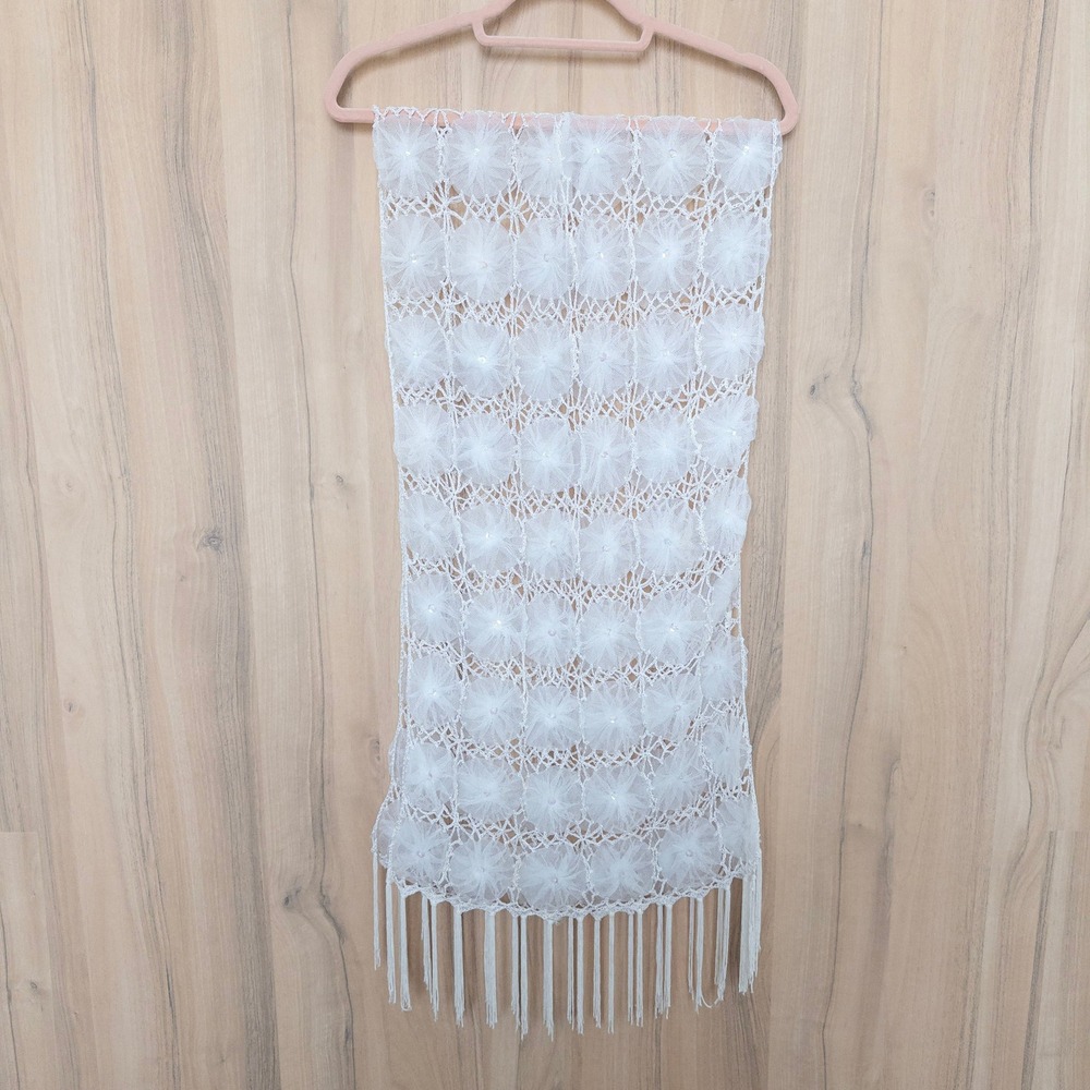 Silk‎ Blend Lace Floral Fringe Sheer Scarf Shawl OS White Fairy Coquette Cottage